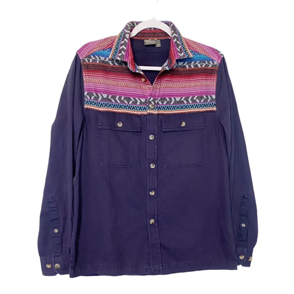 ASOS Embroidered Yoke Boho Shacket Button Front Shirt Blue Colorful Sz Small